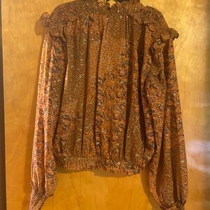 Orange Ruffled Long Sleeve Bib Collar Blouse